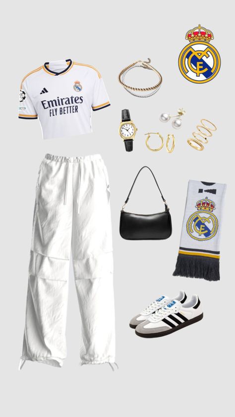 #realmadrid #gameday Madrid Outfits, Real Madrid Jersey, Rich Girl Outfits, Rich Outfits, Madrid Jersey, Football Jersey Outfit, Relaxed Outfit, Jersey Outfit, Casual Style Outfits