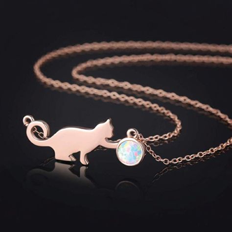 Cat Necklace Gold, Black Cat Necklace, Diamond Cat, Dancing Diamond, Necklace Cat, Cat Things, Cat Pendant Necklace, Jewelry Quotes, Synthetic Opal