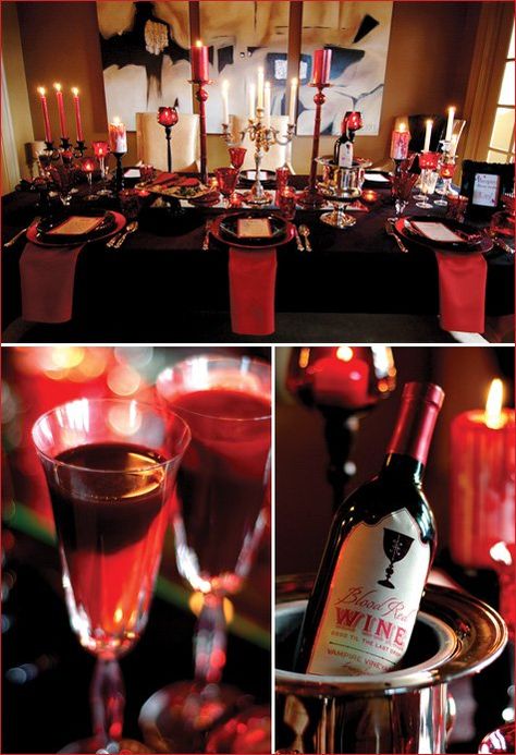 vampiredinnerpartyideas_1 Vampire Dinner Party, Vampire Dinner, Twilight Party, Terrifying Halloween, Vampire Party, Topper Halloween, Halloween Party Table, Adult Party Themes, Halloween Party Dinner