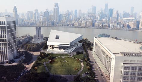 OPEN, SANAA, Jean Nouvel & David Chipperfield Shortlisted in Competition for Pudong Art Museum in Shanghai,Rendering 02_ View from Oriental Pearl Tower Open Space Architecture, City Hall Architecture, Galleries Architecture, David Chipperfield, Open Architecture, Jean Nouvel, Arch Model, Architecture Model Making, City Museum