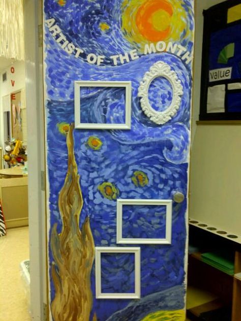 Artist Of The Week Bulletin Board, Art Teacher Door Decorations, Artist Of The Month Bulletin Board, Art Show Decorations, Art Door Decorations Classroom, Art Classroom Door Ideas, Art Class Bulletin Boards, Door Art Ideas, Art Class Decor