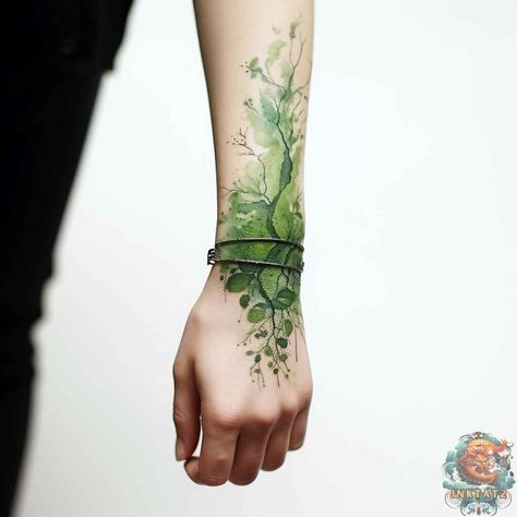 Green Nature Tattoo, Green Ink Tattoo Simple, Blended Tattoos, Earth Fairy Tattoo, Green Witch Tattoo Ideas, Ecology Tattoo, Green Leaf Tattoo, Dark Green Tattoo, Green Witch Tattoo