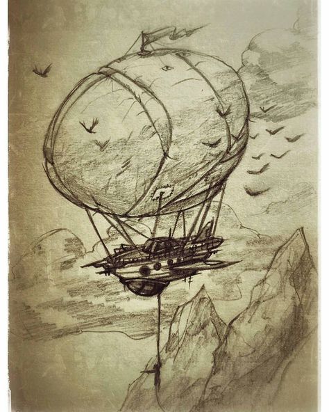 Cool #airship #pencil #sketch by Mike Phillips (@mikephillipsart). At first I thought this was a #boat that someone converted into a #flyingmachine (maybe to escape a #desertedisland or something?). This was a guess based on the #patched #balloon and because the #gondola reall has a boat's shape.  Looking closer though you see the #wings and the #viewport dome on the bottom stern (front) of the #ship which seems like it was designed to #travel by air (pretty cool #steampunk//#JulesVerne kind of Sky Island Drawing, Sky Sketch Pencil, Steampunk Sketchbook, Airship Drawing, Steampunk Sketch, Balloon Sketch, Fantasy Sky, Steampunk Ship, Dreams Catcher