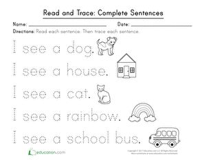 What do you see? Read and trace complete sentences, like “I see a dog,” or “I see a rainbow.” This tracing worksheet introduces basic grammar usage around simple verbs and nouns. Then, after students trace the words, they can color in the picture clues! This kindergarten activity is great way to develop reading and writing skills. #educationdotcom Complete Sentences Activities, Learn English Kid, Sentences Kindergarten, Writing Sentences Worksheets, Reading And Writing Skills, Sentences Worksheet, Writing Center Kindergarten, Kindergarten Writing Activities, Handwriting Worksheets For Kids