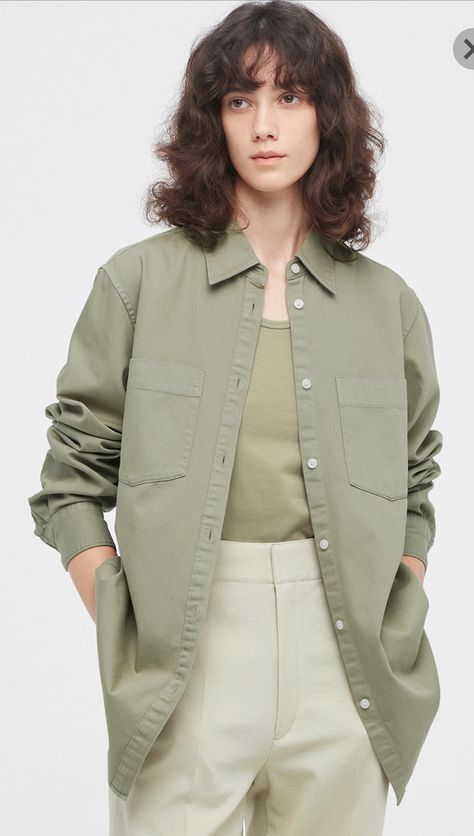 Sage Green Shirt Outfits, Sage Shirt Outfit, Spring Khaki Outdoor Shirt, Spring Khaki Shirt For Streetwear, Spring Streetwear Khaki Shirt, Oversized Khaki T-shirt For Summer, Oversized Khaki Cotton Shirt, Western Work Outfit, Uniqlo Women Outfit