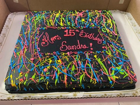 Neon Sheet Cake, Splash Cake, Mexican Sweet Bread, Neon Cakes, Edinburg Texas, Neon Birthday Party, Mexican Sweet Breads, Happy 12th Birthday, Birthday Sheet Cakes