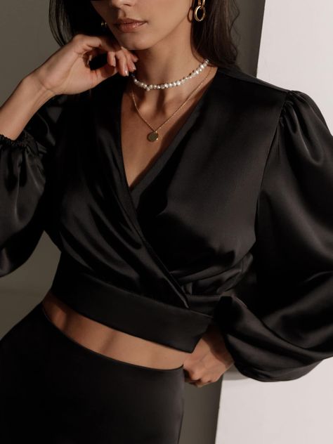 Satin Crop Top Outfits, Satin Top Outfit Classy, Satin Top Outfit, Formal Crop Top, Crop Top Satin, Satin Wrap Top, Black Wrap Top, African Inspired Clothing, Satin Crop Top