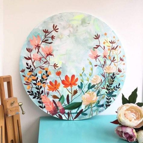 Circular Canvas Painting, Circular Canvas, Warm Palette, Pottery Painting Designs, Soyut Sanat Tabloları, Round Canvas, Botanical Painting, Happy Art, Beginner Painting