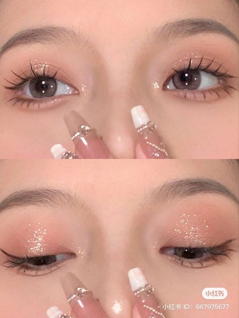 Xiao Hong Shu Make Up, Korean Glowy Makeup, Glowy Pink Makeup, Glowup Inspiration, Glitter Eyeshadow Looks, Doll Eye Makeup, Korean Eye Makeup, Barbie Makeup, Ethereal Makeup