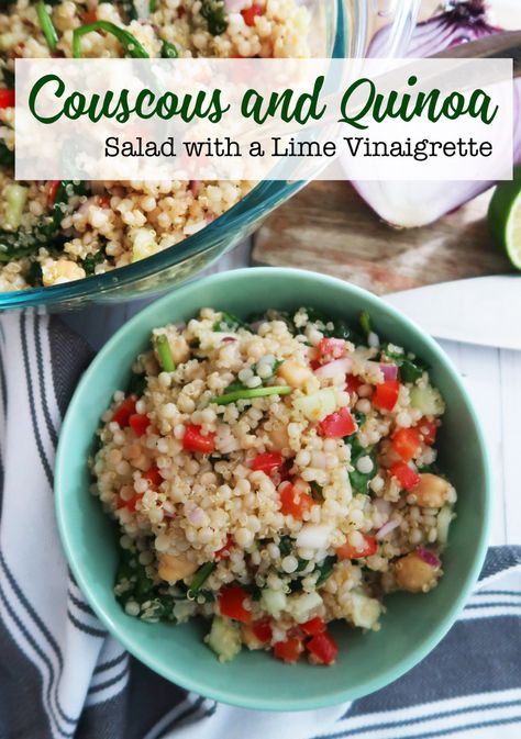 Couscous and Quinoa Salad with Lime Vinaigrette recipe. Couscous and Quinoa Salad with peppers, red onion, chick peas, spinach cucumbers and a lime vinaigrette. Perfect cold summer salad side dish for BBQs and potlucks. Salad With Peppers, Pearl Couscous Salad, Side Salad Recipes, Lime Vinaigrette, Cold Lunches, Side Dishes For Bbq, Cold Summer, Couscous Salad, Vinaigrette Recipes