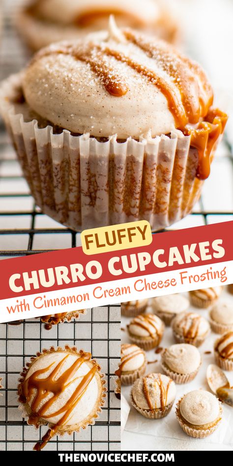 Churro Cupcakes with cinnamon cream cheese frosting are the perfect after-dinner dessert to go with a cup of coffee. The cupcake is light and fluffy, while the frosting is smooth, indulgent, and ultra-creamy, spiked with a little bit of cinnamon. Cupcakes Cinnamon, Churro Cupcakes, Novice Chef, Cinnamon Cream Cheese, Sponge Cakes, Cupcakes With Cream Cheese Frosting, Making Cakes, Gourmet Cupcakes, Fun Baking