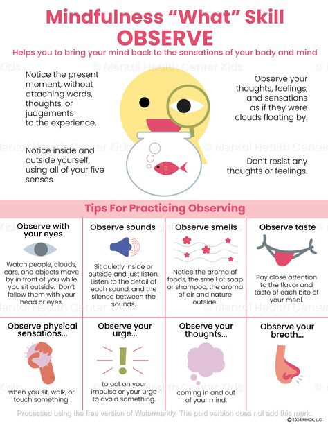 The DBT “what” skill observe is essential for promoting emotional balance and mindfulness. It helps quiet the mind and allows us to be present in the moment without judgment. This skill involves tapping into the five senses and can be practiced regularly for clarity and inner peace. The DBT Observe Mindfulness "What" Skill handout provides clients with a brief introduction to the skill and offers tips for practicing observing through tapping into their senses, thoughts, urges, and breathing. For example, it reminds them to take a moment to pause and engage in silent observation to fully focus on the experience. Implementing the tips presented in this handout can help kids and teens ground themselves in the present moment. To practice observing, they can set aside a moment to pause and take Dbt Mindfulness Activities, Dbt Skills Activities, Anger Worksheets, Coping Skills Worksheets, Dbt Therapy, Coping Skills Activities, Katarina Witt, Mindfulness Practices, Dbt Skills