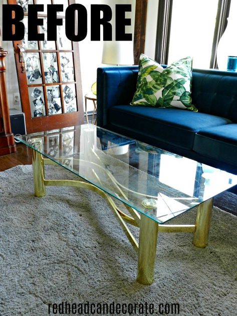 Thrifty vintage brass & glass coffee table gets a modern day makeover with this one simple step... Glass Table Diy Makeover, Glass Tabletop Makeover, Brass Glass Coffee Table, Glass Top Table Makeover, Glass Top Coffee Table Makeover, Diy Glass Coffee Table, Glass Table Redo, Glass Coffee Table Makeover, Coffee Glass Table