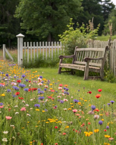 Transform your garden into a tranquil retreat with vibrant wildflowers and charming decor! 🌼🌳 Let's create a serene sanctuary together! Like & share if you love garden bliss! . #homeandgarden #betterhomesandgardens #homegardening #homesandgardens #homegarden #gardenhome #gardeningathome #flowers #plants #beautifulflowers Wild Flower Front Yard, Wild Flower Backyard, Wild Flower Bed, Wildflower Garden Ideas Backyards, Wildflowers Backyard, Wildflower Garden Bed, Wildflower Garden Ideas, Flower Garden Aesthetic, Wild Flower Garden