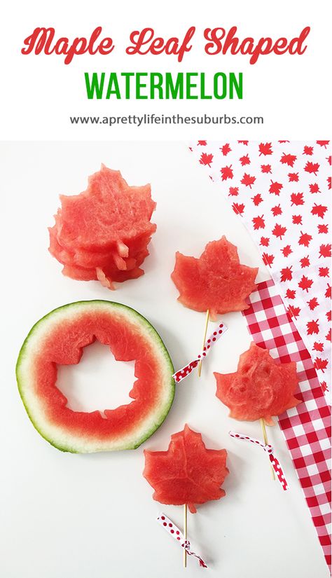 For your Canada Day Party, make these Maple Leaf Shaped Watermelon pieces!  Such a simple and fun way to serve this summer treat! Canada Day Desserts, Canada Day Food, Canada Cake, Shaped Watermelon, 5 Minute Desserts, Citizenship Party, Canada Party, Poke Cake Jello, Canadian Citizenship