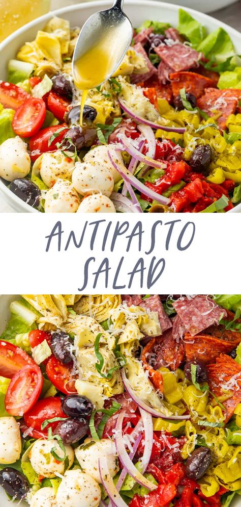 This delicious antipasto salad features all your Italian antipasto favorites in a refreshing, flavorful salad. With plenty of salami, prosciutto, and pepperoni, plus mozzarella balls, tomatoes, olives, roasted red peppers, pepperoncini, and red onion, tossed in a quick and easy Italian vinaigrette. Vegetables For Italian Dinner, Antipasto Platter Salad, Italian Salads Antipasto, Italian Olive Salad, Pizza And Salad Party Ideas, Italian Summer Meals, Dinner For A Party, Healthy Italian Salad, Italian Potluck Ideas