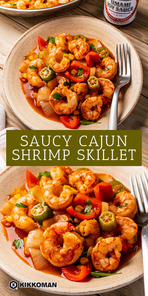 Bring the flavors of the bayou to your table with this Saucy Cajun Shrimp Skillet! Made with Kikkoman® Umami Joy Sauce, shrimp, and vibrant veggies, this dish is ready in just 21 minutes and perfect for a quick, flavorful meal. Enjoy the zesty Cajun kick! #Kikkoman Cajun Shrimp Skillet, Cajun Skillet, Shrimp Ideas, Nola Recipes, Cast Iron Skillet Recipes Dinner, Ragin Cajun, Hibachi Recipes, 1950s Food, Skillet Shrimp