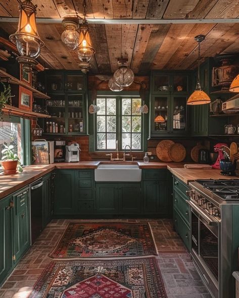 Midevil House Decor, Scotland Home Decor, Hobbit Home Inspiration, Ghibli Inspired House Interior, Witch Kitchen Art, Boho Green Kitchen Cabinets, 1880s Home Interior, Hobbitcore Interior, Arts And Craft Style Decor