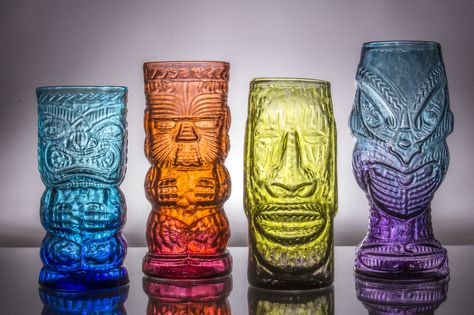 The tiki mug, remade in hand-blown glass Tiki Glasses, Tiki Mugs, Glass Drinkware, Tiki Decor, Tiki Bar Decor, Tiki Lounge, Tiki Mug, Tiki Art, Tiki Drinks