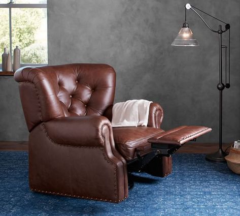 Lansing Leather Swivel Recliner Chair | Pottery Barn Baby Recliner, Leather Swivel Recliner, Moody Office, Metal Outdoor Chairs, Swivel Recliner Chairs, Tufted Leather, Swivel Recliner, Leather Recliner, Swivel Armchair