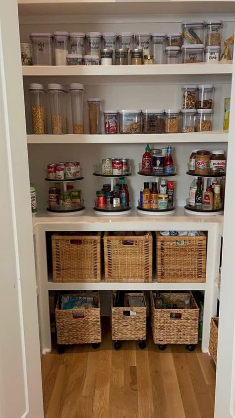 20 Rattan Bin Pantry Organization Ideas » Lady Decluttered Pantry Organization Drawer, Open Pantry Cover Ideas, Organization Ideas For Pantry, Family Pantry Organization, Season Organization, Open Pantry Organization Ideas, Pantry Storage Baskets, Pantry Shelving Organization Ideas, Walkin Pantry Organization Ideas