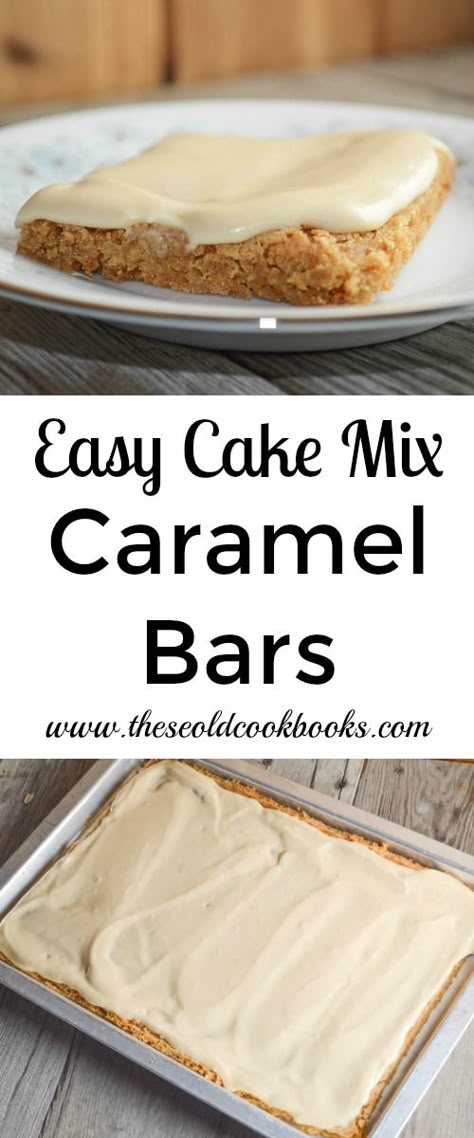 These Easy Cake Mix Caramel Bars are the perfect bar cookie to make for a quick dessert for the family or a pitch-in at work. Cake Mix Bars Recipes, Cake Mix Cookies Bars, Caramel Bars Recipe, Cake Mix Bars, Brownie Mix Recipes, Cake Mix Cookie Bars, Recipes Using Cake Mix, Boxed Cake Mixes Recipes, Perfect Bar