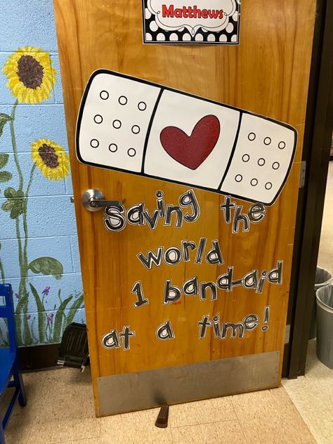 Nurse Appreciation Door Decorations, School Nurse Office Door Decoration, School Clinic Door Decorations, Nurse Office Door Ideas, School Health Room Decor Nurse Office, School Health Bulletin Boards, School Nurse Clinic Decor, School Nurse Decor, School Nurse Door Decoration Ideas