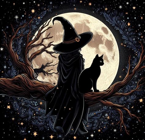 "Witch and Black Cat in Moonlight Cross Stitch Pattern PDF Instant Download This Item contains one pattern. Aida 18 Count 400 x 385 Stitches 22.22\" x 21.39\" 41 DMC colours This is a digital Item. The PDF pattern will be available for instant download as soon as payment is confirmed. Instant Digital Download: PDF included. A copy of the pattern in colour as well as in black and white and a colour chart is also included. Downloading instructions can be found here: https://www.etsy.com/help/artic Cute Halloween Cat Art, Witch Cat Art, Witch With Black Cat, Witch And Black Cat, Witches Cat, Witch And Cat, Pumpkin Cross Stitch, Stitch Halloween, X Stitch