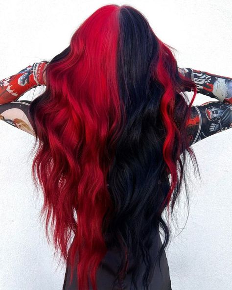 Red Halo Hair, Hair Color Red Ombre, Exotic Hair Color, Hair Color Swatches, Color Block Hair, Cheveux Oranges, Black Red Hair, Split Dyed Hair, Mom Cut