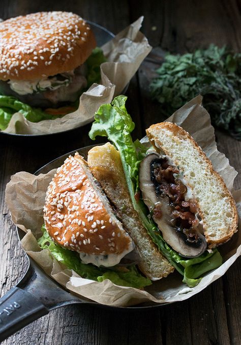 Bacon Jam Filled Portobello Burger with Provolone Cheese and Herb Mayo Portobello Burger Recipe, Grilled Portobello Mushroom Burger, Herb Mayo, Portobello Mushroom Burger, Chicago Style Deep Dish Pizza, Mushroom Bacon, Portabella Mushroom, Portobello Burger, Portobello Mushroom Recipes