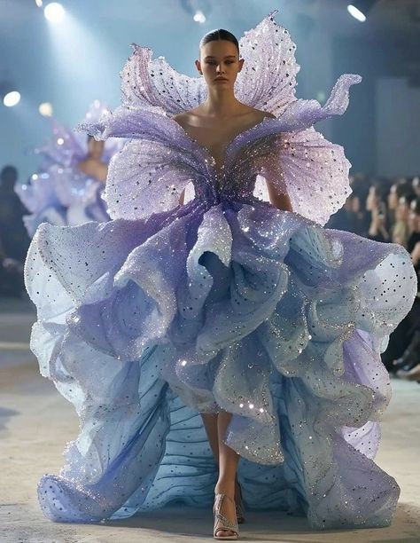 Best Runway Looks Of All Time, Avant Garde Prom Dress, Awangarda Fashion, Extravagant Dresses Haute Couture, Butterfly Runway Fashion, Extravagant Clothes, Met Gala Inspired Dresses, Flower Runway, Gaudy Fashion