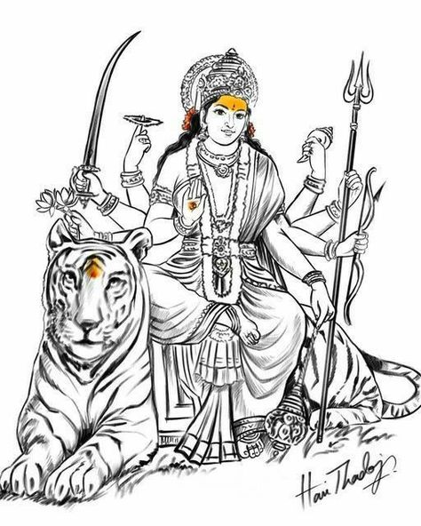 Durga Devi Sketch, Durga Mata Sketch, Durga Devi Drawing, Hindu Sketches, Devi Drawing, Gods Drawing, Navratri Drawing, Maa Durga Drawing, Durga Drawing