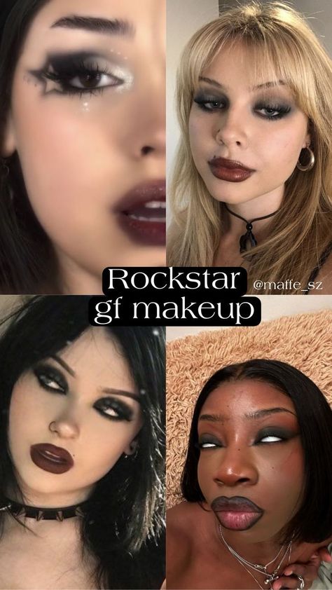 2000s Rock Makeup, 80s Grunge Makeup Punk Rock, Rocker Gf Makeup, Female Rockstar Makeup, 90s Rockstar Gf Outfit, Rocker Makeup Looks, Rockstars Gf Makeup, Rocker Girlfriend Makeup, Rock Girlfriend Makeup