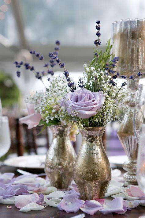 Lavender And Lilac Wedding Centerpieces, Lilac Table Centerpieces, Lavender Flower Arrangements Wedding, Purple Vase Centerpiece, Lilac Centerpieces Wedding, Small Purple Flower Centerpieces, Bud Vases Purple Flowers, Wedding Centerpieces Lilac, Lavender And Navy Wedding Centerpieces