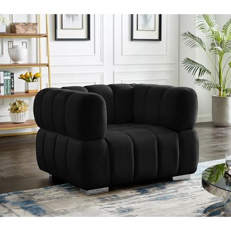 Meridian Furniture USA Gwen 46" Wide Tufted Velvet Armchair | Wayfair Black Velvet Chair, Grey Velvet Chair, Tufted Arm Chair, Contemporary Chairs, Meridian Furniture, Velvet Chair, Velvet Armchair, Upholstered Arm Chair, Velvet Upholstery