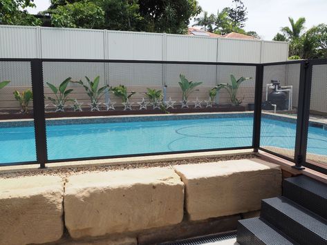 Pool perf - matt Monument - mesh pool fence - Coastal Gates - QLD (2) Pool Fence Ideas Australia, Pool Perf, Mesh Pool Fence, Swim Spa Landscaping, Aluminum Pool Fence, Backyard Fencing, Garden Pool Design, Spa Landscaping, Glass Pool Fencing