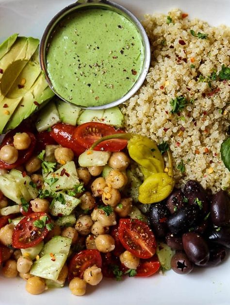 Quinoa Salad Bowl, Meal Salads, Backyard Bohemian, Salad Meals, Food Thoughts, Mediterranean Quinoa, Mediterranean Quinoa Salad, Goddess Dressing, Cheap Clean Eating