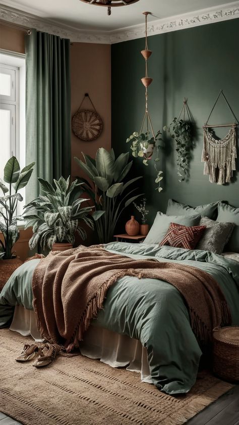 22  Green Boho Bedroom Ideas for Your Sanctuary 3 Earthy Green Bedroom Accent Wall, Light And Dark Green Bedroom, Bed In Corner Ideas, Green Accent Room, Green Walls And Curtains, Dark Green And Terracotta Bedroom, Green And Copper Bedroom, Green Interior Bedroom, Earthy Accent Wall