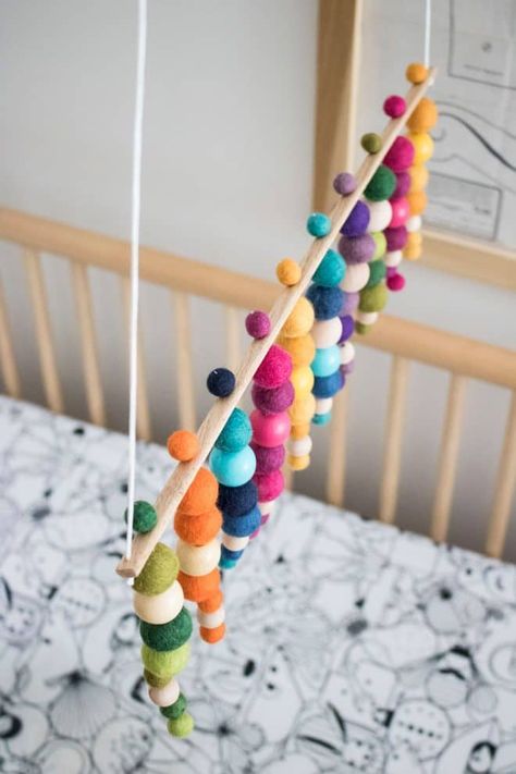 Felt Rainbow Mobile, Felted Wool Balls, Colorful Mobile, Diy Nursery Mobile, 14th Birthday Party Ideas, Trending Home Decor, Beaded Mobile, Felt Wool Ball, Baby Crafts Diy