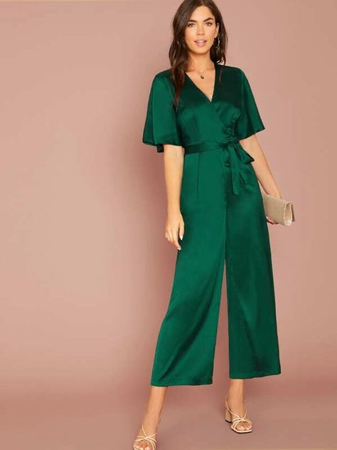 Classy Jumpsuit, Satin Jumpsuit, Jumpsuit Elegant, Muslim Fashion Dress, Jumpsuit With Sleeves, Jumpsuit Fashion, Wide Leg Jumpsuit, Dress Styles, Tulum