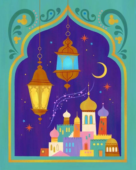 Ramadan Painting, Aladdin Art, Eid Background, Eid Crafts, Arabian Art, Building Illustration, Ramadan Crafts, Islamic Paintings, Idul Fitri