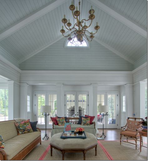 Cathedral Ceiling Living Room, Vaulted Ceiling Lighting, Wood Plank Ceiling, Hallway Paint, Vaulted Ceiling Living Room, Plank Ceiling, Blue Ceilings, Sunroom Designs, Attic Spaces