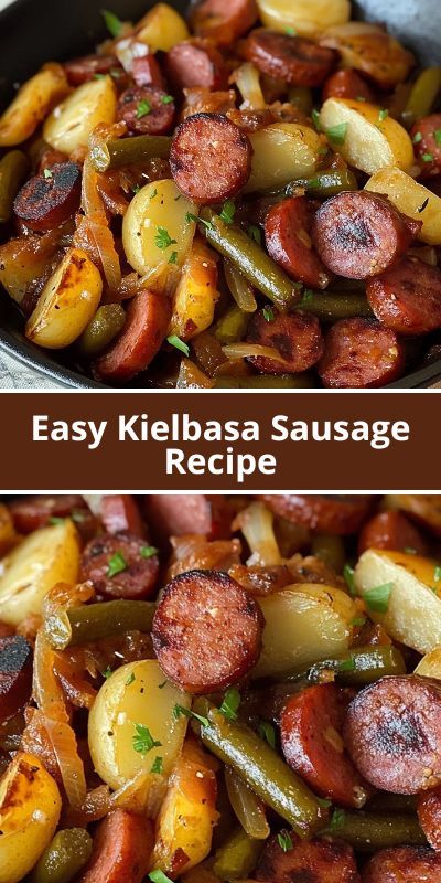 Looking for a quick and delicious meal? This Easy Kielbasa Sausage Bake is the perfect dinner solution! Made with smoked kielbasa sausage, tender potatoes, and green beans, this one-pan recipe is packed with flavor and Easy Supper Ideas With Sausage, Smoked Sausage And Green Beans Recipes, Sausage Potatoes Skillet, Sweet Potato Kielbasa Recipes, Sausage With Potatoes Recipes, Kielbasa Casserole Crock Pot, Kielbasa With Potatoes, Kielbasa Mushroom Pasta, Kielbasa Foil Packets For The Grill