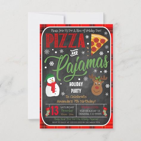 Pizza And Pajamas, Pajamas Sleepover, Birthday Parties For Kids, Christmas Pizza, Christmas Pajama Party, Kids Sleepover, Pajamas Party, Holiday Birthday Party, Dinner Party Invitations