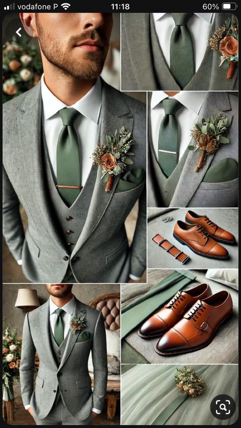 Green Groom Suit Grey Groomsmen, Gray And Green Groomsmen Attire, Khaki And Sage Wedding, Dark Grey Suit Green Tie Wedding, Enchanted Forest Wedding Groom Attire, Grey And Brown Wedding Theme, Purple And Green Groomsmen Attire, Sage Green Men’s Wedding Attire, Wedding Suit Sage Green