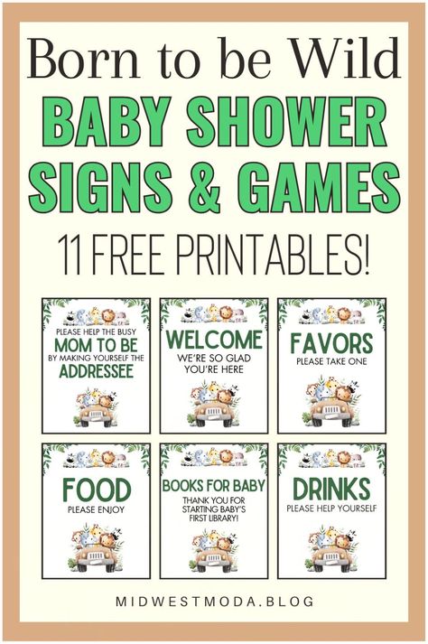 Celebrate the upcoming arrival of your little one with our Safari Theme Baby Shower Decor Ideas. Choose from 5 collections of jungle and safari baby shower signs, all available for FREE instant download. BONUS: Each bundle also includes 3 matching printable games for FREE. Get inspired and start planning your born to be wild baby shower today at midwestmoda.blog. Free Jungle Theme Printables, Baby Zoo Animals Baby Shower Ideas, Baby Shower Jungle Theme Boy, Jungle Safari Baby Shower Ideas, Lion Baby Shower Theme, Safari Baby Shower Ideas, Giraffe Baby Shower Theme, Jungle Theme Baby Shower, Zoo Baby Shower