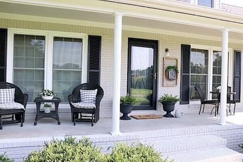 Front Door Transformation, Veranda Design, Front Porch Furniture, Porch Design Ideas, Front Door Makeover, Black Shutters, Front Yard Design, Farmhouse Front Porches, Porch Furniture