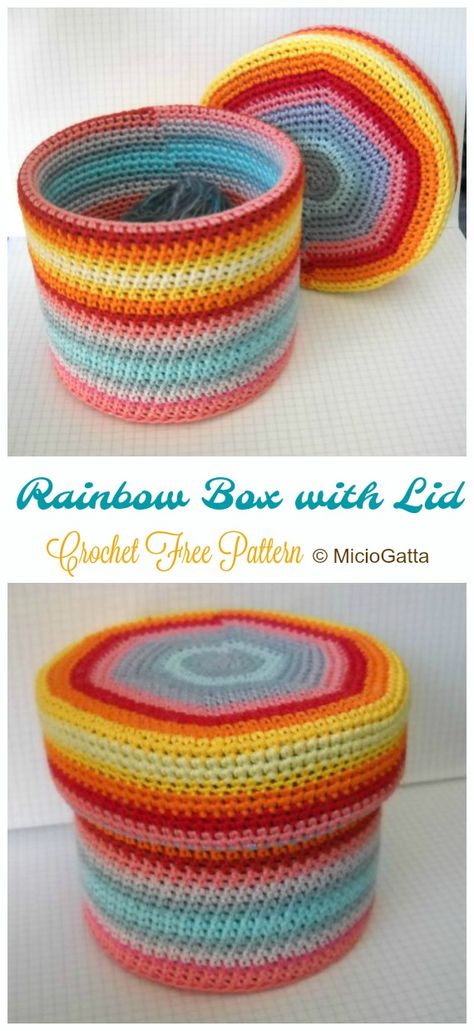 Rainbow Box with Lid Crochet Free Pattern - #Crochet Rainbow #Basket Free Patterns Crochet Yarn Bowls Free Pattern, Crochet Bowls, Mummy Craft, Rainbow Basket, Tunisian Stitches, Crochet Basket Tutorial, Crochet Cal, Crocheted Baskets, Crochet Plant Hanger