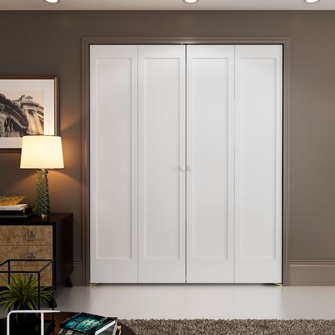 RELIABILT Shaker 30-in x 80-in Moderne White 1-panel Square Smooth Solid Core Prefinished Pine Wood Closet Bifold Door (Hardware Included) in the Closet Doors department at Lowes.com Coat Closet Door, Shaker Interior, Double Closet Doors, Bifold Door Hardware, Bedroom Transformation, Wood Closet, Bifold Door, Pine Doors, Solid Core