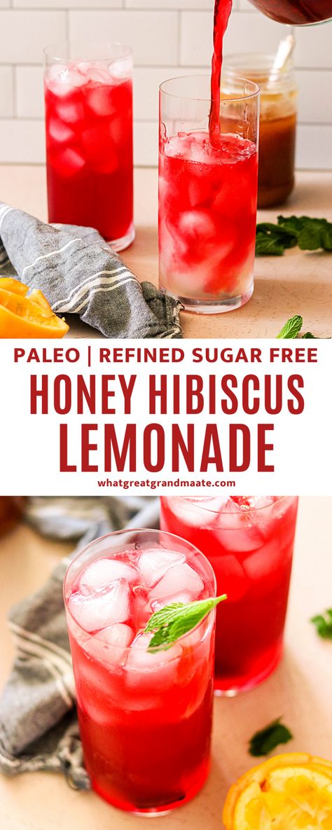 Delicious and refreshing homemade honey hibiscus lemonade! The flavor is so wonderful, and it's so easy to make and naturally paleo. It's the perfect drink on a warm day! #paleo #lemonade #hibiscus #summerdrinks #mocktail Hibiscus Lemonade, Aip Drinks, Tea Foods, Hibiscus Drink, 60's Party, Paleo Recipies, Paleo Drinks, Tea Drink Recipes, Honey Water